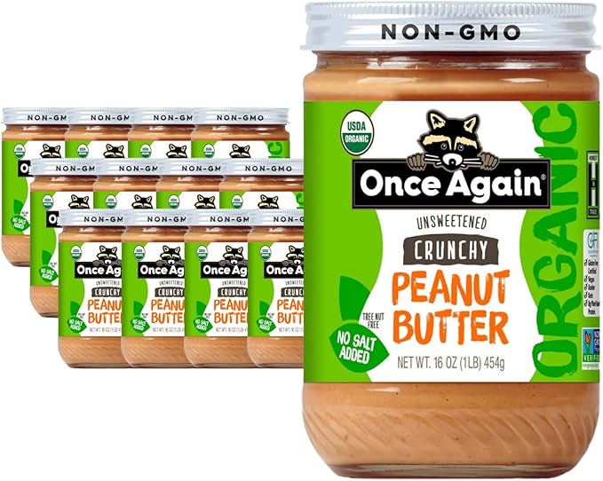 Once Again Organic Crunchy Peanut Butter 16oz - Salt Free Unsweetened - USDA Organic Gluten Free Certified Vegan Kosher - Glass Jar - Case of 12