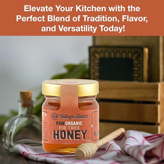 Village Batch Raw Organic Fir Tree Honey 8.5oz Jar (Pack of 1) Unfiltered and Unpasteurized Greek-Honey from Mainalo Mountain Smooth Texture with Vanilla and Conifer Notes