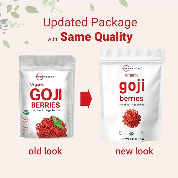 Micro Ingredients Organic Goji Berries 2lbs (32oz) | Large Whole Sun-Dried Berries | Raw Superfood Wolfberries | Natural Flavor for Trail Mix Juice &amp Tea | Sulfate Free Vegan Friendly Non-GMO