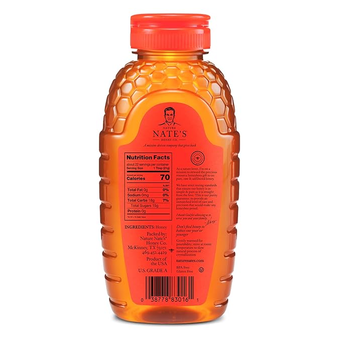 Nate's 100% Pure Raw &amp Unfiltered Honey - Award-Winning Taste 16oz.Squeeze Bottle (6-Pack)