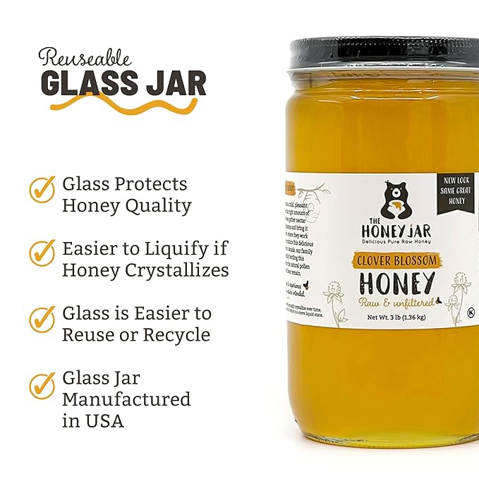 The Honey Jar Raw Clover Honey - Unfiltered and Unpasteurized - Pure Honey Sourced from Family-owned Farms in the USA - 2 x 3lb (48oz) Jars