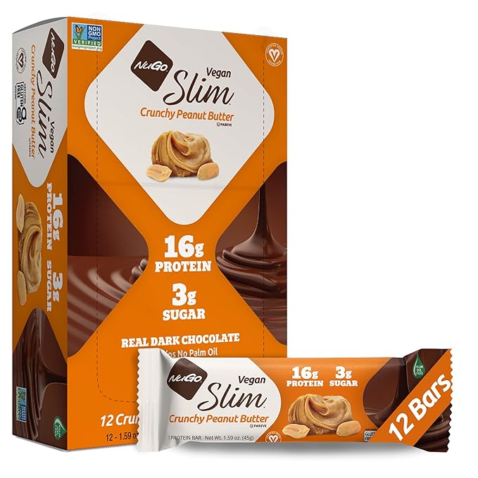 NuGo Slim Dark Chocolate Crunchy Peanut Butter 17g Vegan Protein 3g Sugar 7g Fiber Low Net Carb Keto Friendly Gluten Free 12 Count
