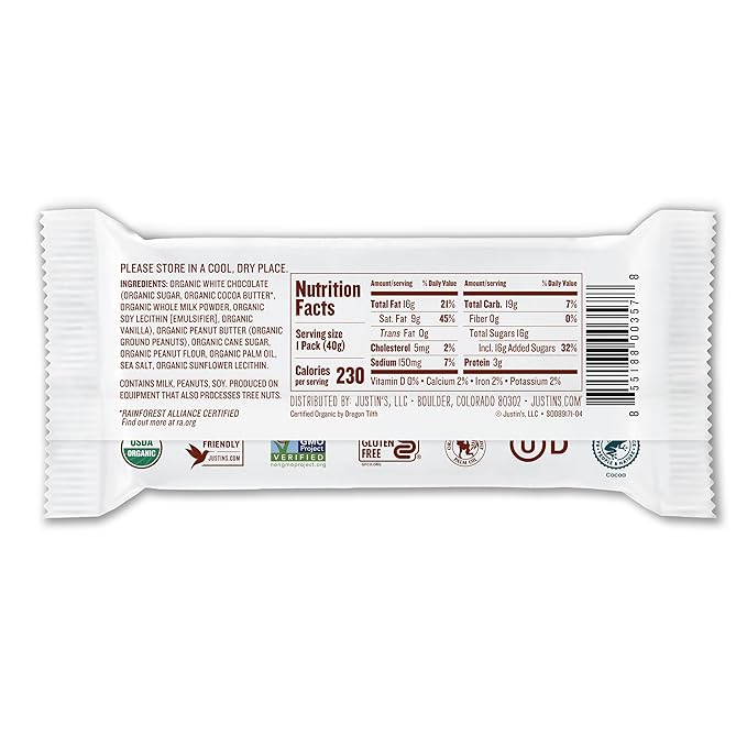 Justin's Organic White Chocolate Peanut Butter Cups Rainforest Alliance Certified Cocoa Gluten-free Responsibly Sourced 1.4 Ounce (Pack of 12)