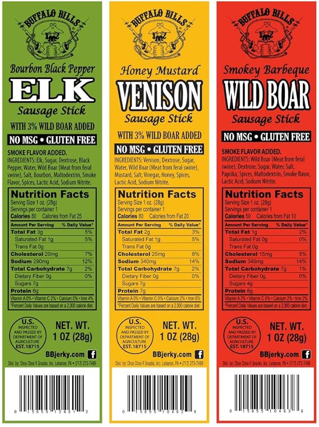Buffalo Bills Exotic Game Meat Sausage Sticks (mixed 1oz sticks - elk venison and wild boar)