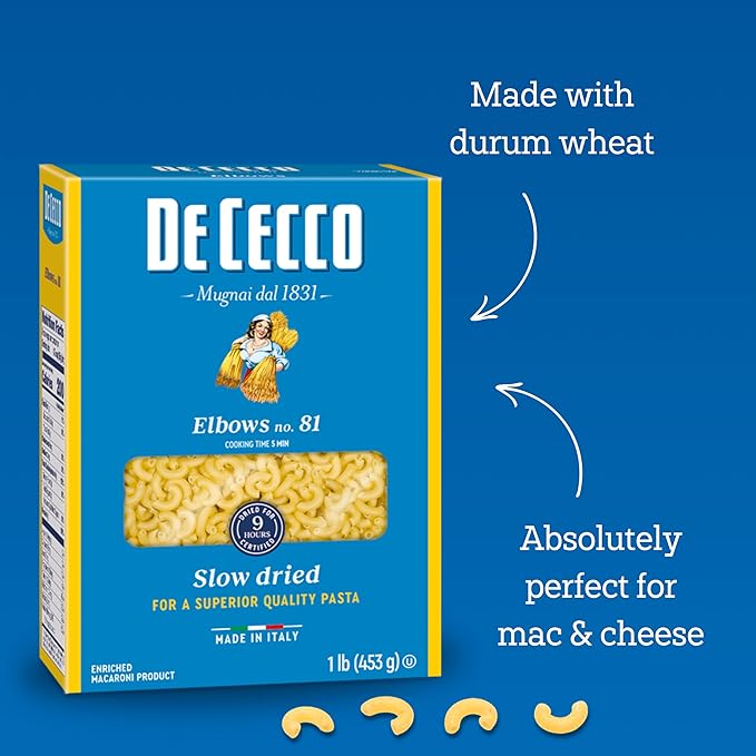 De Cecco Elbows No. 81 Pasta 16 Oz (Pack of 5) Authentic Slow Dried Made with Durum Wheat Versatile Pasta for Sauces &amp Recipes Made in Italy