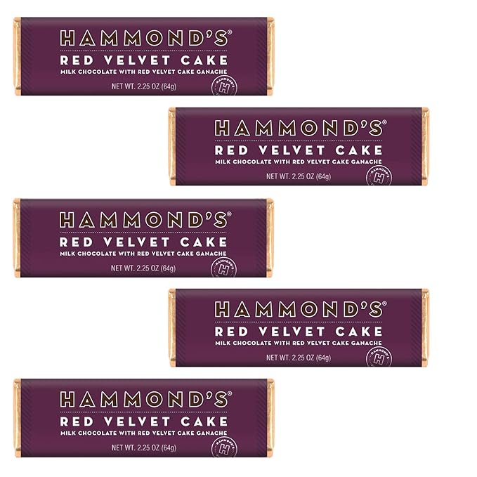 Hammond's Candies Gourmet Chocolate Candy Bars – Red Velvet Cake | Sweet Milk Chocolate Red Velvet Cake Ganache Premium Ingredients Certified Kosher Handcrafted in the USA | Pack 5