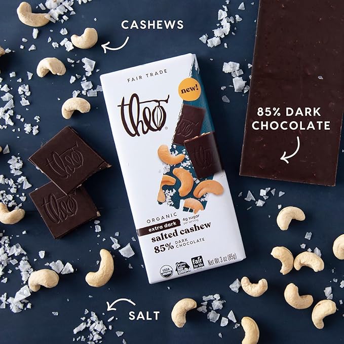 Theo Chocolate Salted Cashew Organic Dark Chocolate Bar 85% Cacao 6 Pack | Vegan Fair Trade