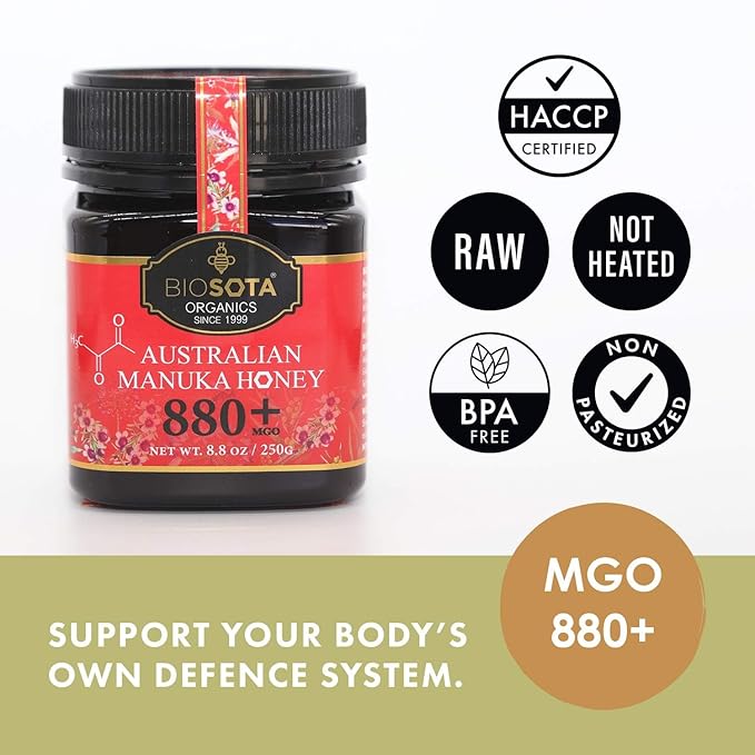 BIOSOTA Organic Manuka Honey MGO 800+ - Medical Grade Manuka Honey from Australia 100% Raw Unheated Pure Honey 8.8oz (800+) (MGO 800+)