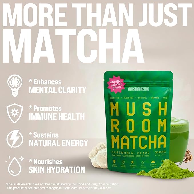 Mushroom Matcha + Lion’s Mane Ashwagandha Collagen - Focus Energy &amp Immune Support - 30 Servings of Adaptogen Superfood Blend for All Day Coffee Alternative