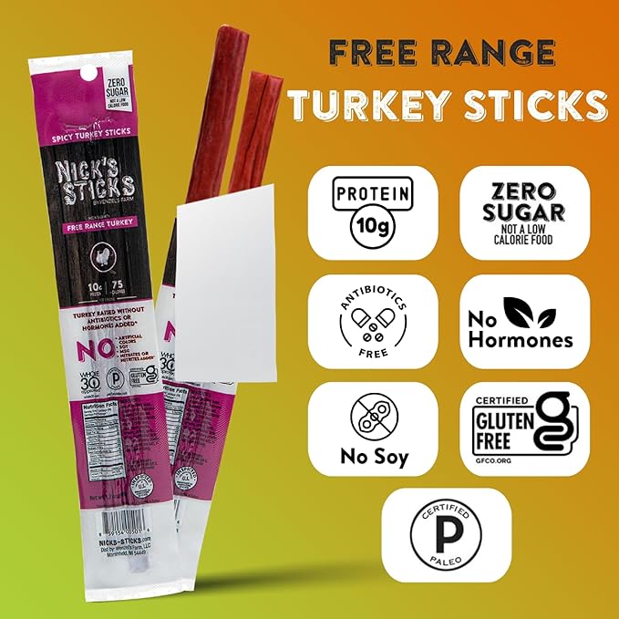 Nick's Sticks Clean &amp Balanced Spicy Free Range Turkey Snack Sticks | Made in the USA | Gluten Free | Paleo | Keto | Whole30 Approved |No Soy Antibiotics or Hormones (25 – 1.7oz. Packs of 2 Stick