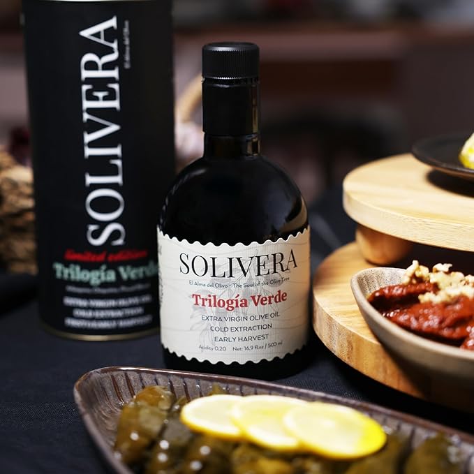 Solivera Trilogía Verde Extra Virgin Olive Oil Cold Pressed 350+ High Polyphenols Triple-Varietal Blend Bright &amp Herbaceous Single-Origin Organic Olive Oil Hand Picked Early Harvest - 16.8 fl
