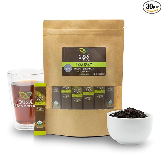 Cusa Tea &amp Coffee | Premium Instant English Breakfast Tea With Real Fruit &amp Spices | Organic Leaves Drink Mix Packets | Hot or Iced Tea (30 Single Servings)