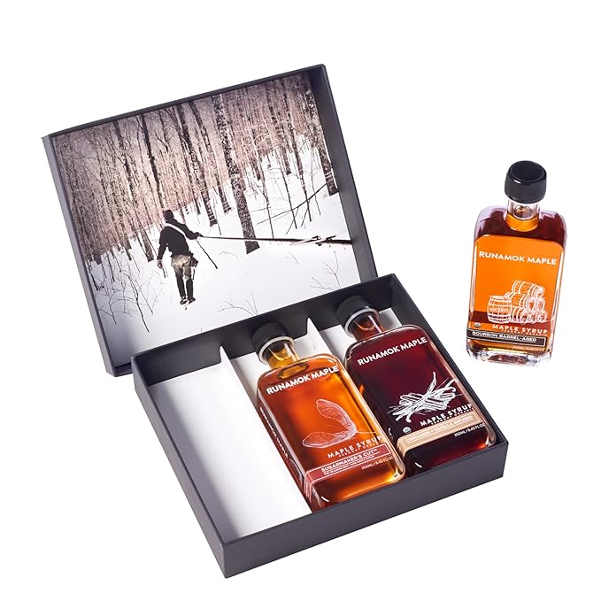 Runamok Maple Syrup Gift Box | Best Sellers Collection | Special Present For Holidays | Bourbon Barrel-Aged Cinnamon-Vanilla &amp Sugarmaker's Cut | 3 Bottles of Real Maple Syrup | 8.45 Fl Oz (250mL