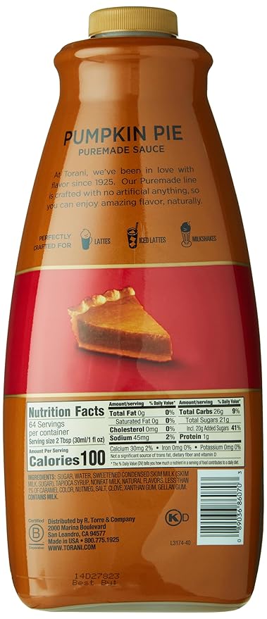 Torani Pumpkin Pie Puremade Sauce 64 oz Bottle 1 Count