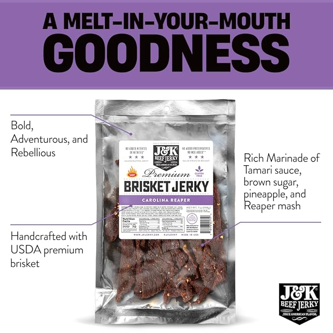 J&ampK Jerky Carolina Reaper Beef Brisket Jerky - Small Batch American Made Slab Beef Jerky's Spicy and Savory Snack with a Kick - Bold &amp Flavorful Snack! - 7oz Big Bag of Jerky's