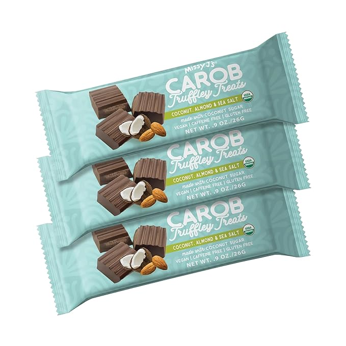 Missy J's Organic Carob Coconut Almond and Sea Salt Truffley Treats 12 Pack Vegan Gluten and Caffeine free Healthy Substitute for Chocolate Perfect for Snacks and Treats