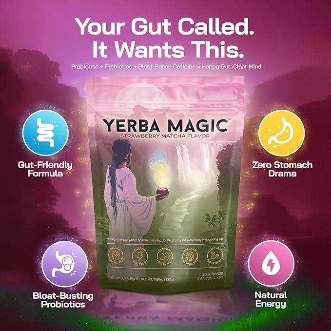 Brainista Yerba Magic Yerba Mate Tea Instant Powder Drink with Nootropics Pre &amp Probiotics Clean Energy Mental Clarity &amp Gut Wellness Low Sugar Natural Caffeine Strawberry Matcha 30 Se