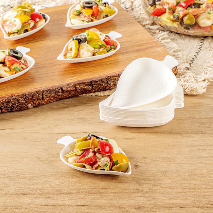 Restaurantware-Pulp Safe No PFAS Added 3.7 x 2.4 Inch Tasting Dishes 100 Disposable Dishes - Home Compostable Microwavable And Freezable White Bagasse Food Dish Leaf Shape For Appetizers