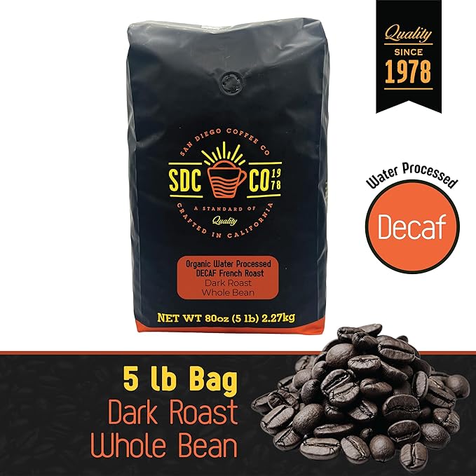 San Diego Coffee Organic French Roast DECAF Dark Roast Whole Bean Coffee 5-Pound Bag Café en grano tostado descafeinado