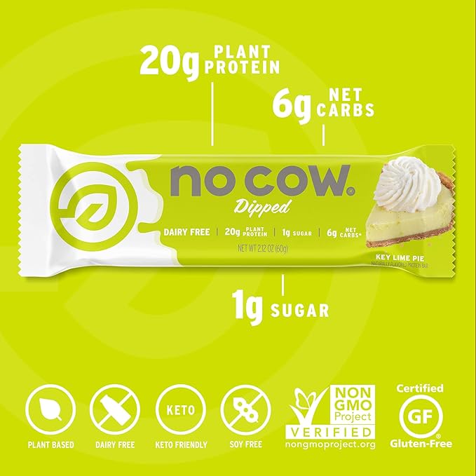 No Cow Vegan Protein Bars Upgraded Key Lime Pie | 20g Plant Based Protein Gluten Free Dairy Free Soy Free Keto Friendly Low Sugar High Fiber Snack Bars | Pack of 12