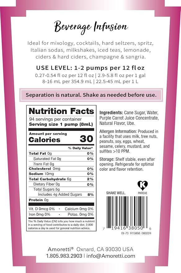 Amoretti - Ube Beverage Infusion 94 Servings Per Bottle (750 ml) - Drink Mix &amp Water Enhancer with Pump for Flavoring Cocktails Waters Teas and other Beverages Preservative Free