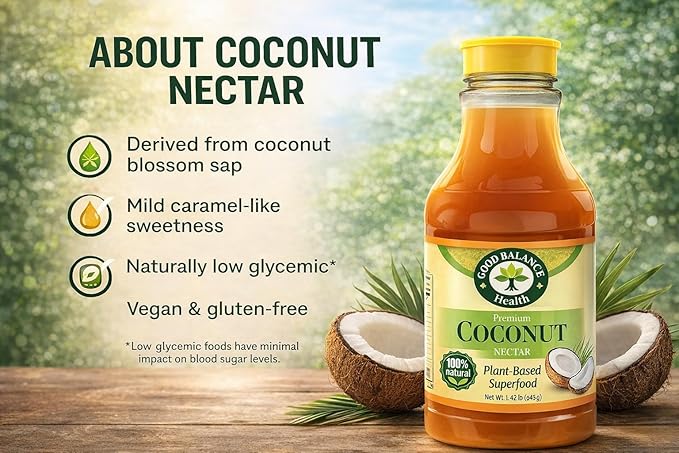 Good Balance Health Coconut Nectar | Natural Liquid Sweetener | Low Glycemic Sweetener | All Natural and Organic | Sugar Substitute | Non GMO Gluten Free Keto Sugar Vegan Friendly Baking | 22 Ounc