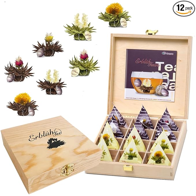 Creano Blooming Tea Tealini - Tea Flowers in Cup Size - Gift Set in Wooden Tea Box - 12 pcs in 8 Varieties - White Tea &amp Black Tea