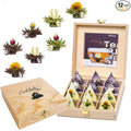 Creano Blooming Tea Tealini - Tea Flowers in Cup Size - Gift Set in Wooden Tea Box - 12 pcs in 8 Varieties - White Tea &amp Black Tea