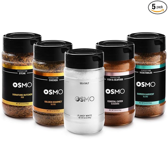 Osmo Seasonings and Sea Salt Bundle By Chef Nick DiGiovanni Flakey White Sea Salt Signature Butcher Rub Golden Gourmet Blend Coastal Catch Seasoning &amp Garden Harvest Blend (Pack of 5)