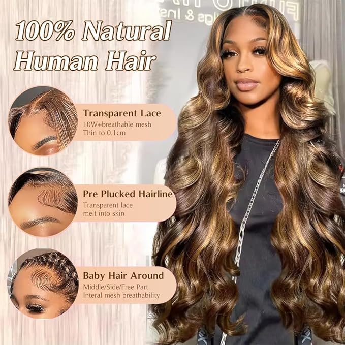 32 Inch Highlight Ombre Lace Front Wig Human Hair 13X4 HD Honey Blonde Wig Human Hair 4/27 Colored Body Wave Lace Frontal Wigs Human Hair Glueless Pre Plucked Wigs With Baby hair