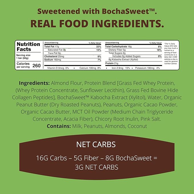 BochaSweet Keto Protein Bar Chocolate Peanut Butter BochaBar 21g Grass Fed Collagen Low Carb Keto-Friendly Gluten Free 12 Count