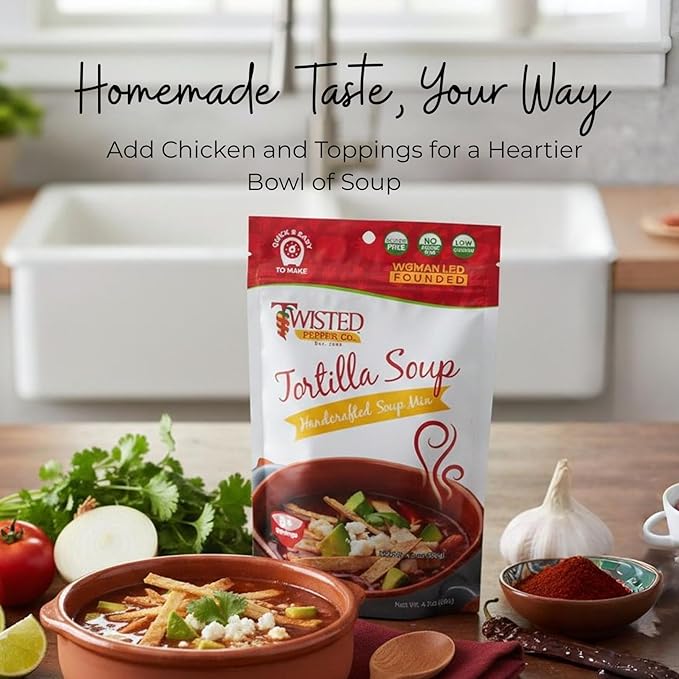 Twisted Pepper Co. Tortilla Soup Mix: Gluten-Free – Handcrafted Homestyle Soup – Bold Savory &amp Authentic Mexican Flavor Ready in 30 Minutes Serves 8 Add Chicken Cheese Corn &amp Tortilla Ch