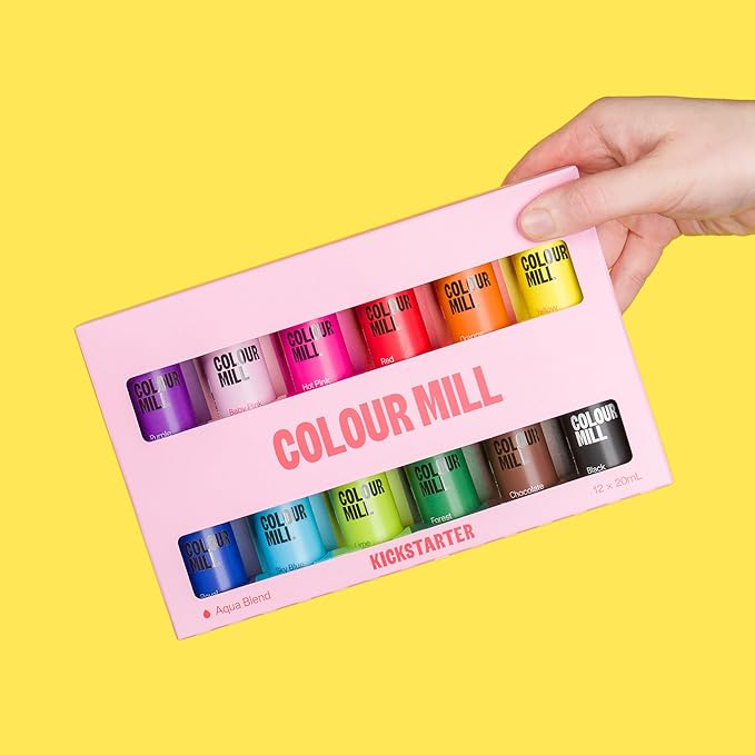 Colour Mill Kickstarter Pack Aqua Blend Water-Based Food Coloring 20 Milliliters Baby Pink Black Chocolate Forest Hot Pink Lime Orange Purple Red Royal Sky Blue &amp Yellow