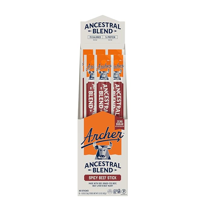 Country Archer Ancestral Beef Jerky Sticks Spicy - Hot Grass Fed Beef Sticks Individually Wrapped Sugar Free Meat Snack Bulk Gluten Free Paleo Keto 7g Protein Per Stick - 1 oz (Pack of 18)