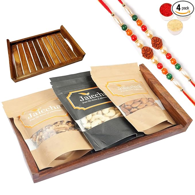 Jaiccha Ghasitaram Rakhi Gifts for Brothers - Striped Wooden Tray of Cashews Almonds and Walnuts with 2 Rudraksh Rakhis