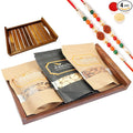 Jaiccha Ghasitaram Rakhi Gifts for Brothers - Striped Wooden Tray of Cashews Almonds and Walnuts with 2 Rudraksh Rakhis