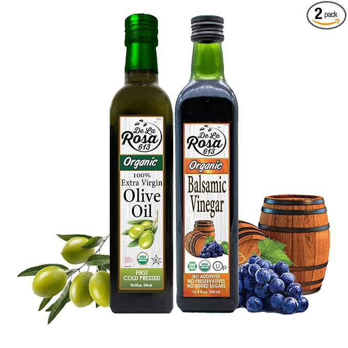 De La Rosa Organic Balsamic Vinegar &amp Organic Extra Virgin Olive Oil 100% Pure Vegan Kosher Non-GMO &amp Gluten Free Great for Salad Dressings Marinades &amp More 16.9 Oz (Pack of 2)