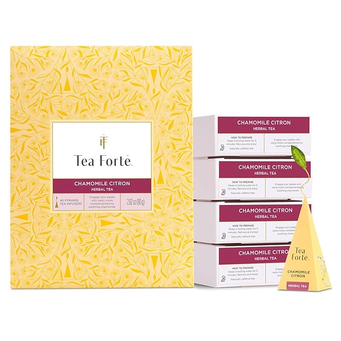 Tea Forte Chamomile Citron Premium Caffeine-Free Herbal Tea Blend Event Box Bulk Pack 40 Count 10 per tray Individually Wrapped Handcrafted Pyramid Infusers