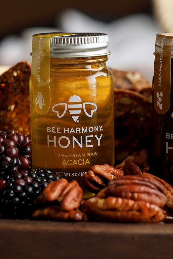 Bee Harmony Rare Varietals Honey Flight Mini Honey Gift Set 4 Jars 3 OZ Each Premium Raw (Acacia Buckwheat Blueberry Blossom Orange Blossom)