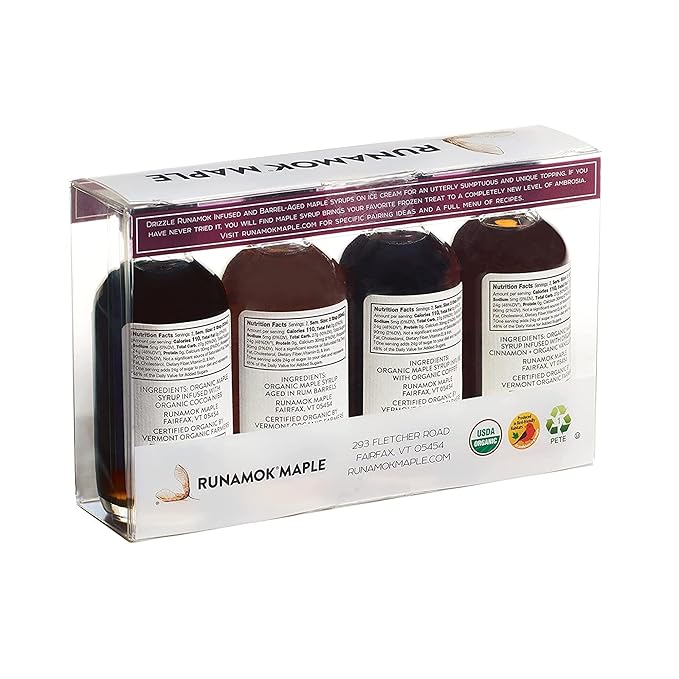 Runamok Organic Vermont Maple Syrup Sampler | Ice Cream Pairing Collection | 2 oz (4 count) | 60mL | Barrel-aged &amp Infused Organic Maple Syrup Varieties