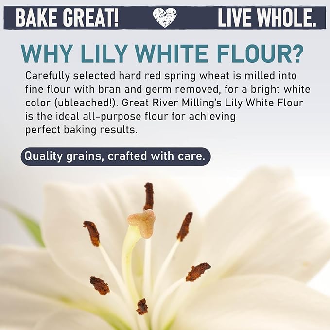 Great River Milling Lily White Organic All-Purpose Flour | Unbleached &amp Unbromated | Non-GMO Kosher | Ideal for Bread Cookies Cakes Pizza Dough &amp Everyday Baking | 5 Lb