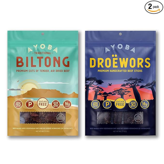 Ayoba Traditional Duo Grass Fed Beef Biltong &amp Droewors Bundle (4 Ounce Pack of 2) - Authentic South African Protein Snacks - Keto-Certified Paleo-Certified Gluten Free and Sugar Free