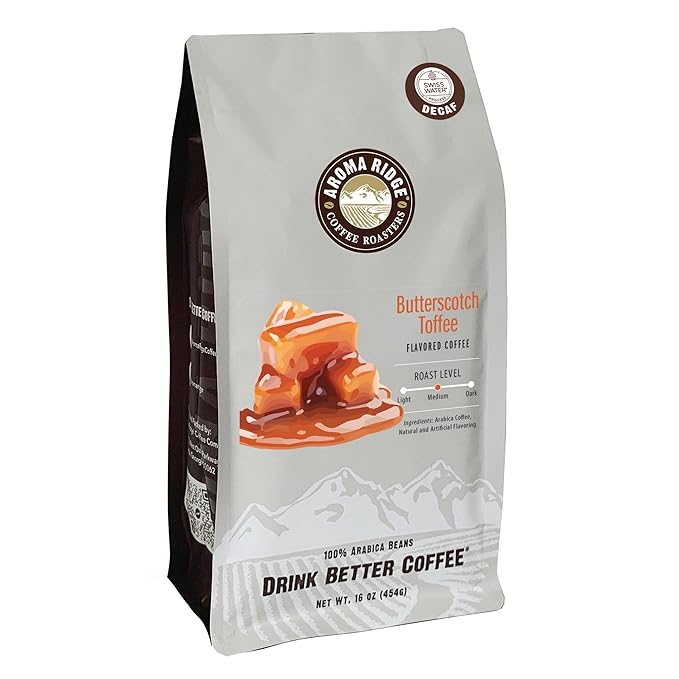 Aroma Ridge Butterscotch Toffee Swiss Water Process Decaf Flavored Coffee 16 ounces Whole Bean FlavorSeal Bag