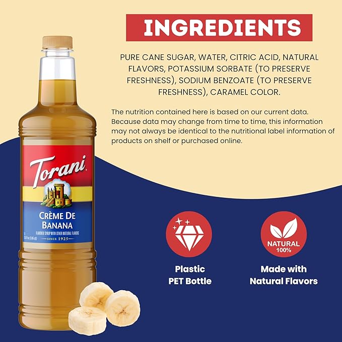 Torani Crème De Banana Syrup 1 Liter Bottle with Pump – Premium Banana Flavoring with Pure Cane Sugar &amp Natural Ingredients for Coffee Cocktails Desserts Smoothies &amp More