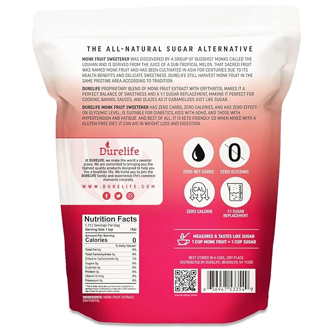 Durelife Golden Monk Fruit Sweetener 1:1 Sugar Replacement Keto Diet Friendly Zero Calorie Kosher Sugar Substitute Crystal Golden - 5 lb Bulk Size (Packaging May Vary)