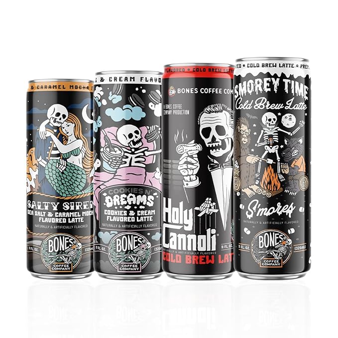 Bones Coffee Company Variety Pack Flavored Coffee S'morey Time Salty Siren Holy Cannoli and Cookies N' Dreams Ready To Drink Latte Coffee in Can | Variety Flavors in Cans | 11 Fl Oz Can (12 Pack)