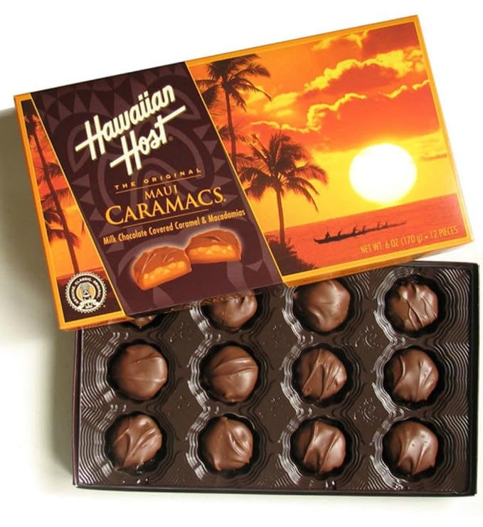 Hawaiian Host Maui Caramacs Creamy Caramel and Macadamias Covered in Milk Chocolate. (2 (6 oz) Boxes)