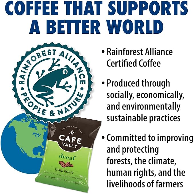 Café Valet DECAF Dark Roast Single Serve Coffee Packets – 84 Count – For Use with Café Valet Single Serve Cofee Makers – Disposable Brew Basket &amp Cofee Pack