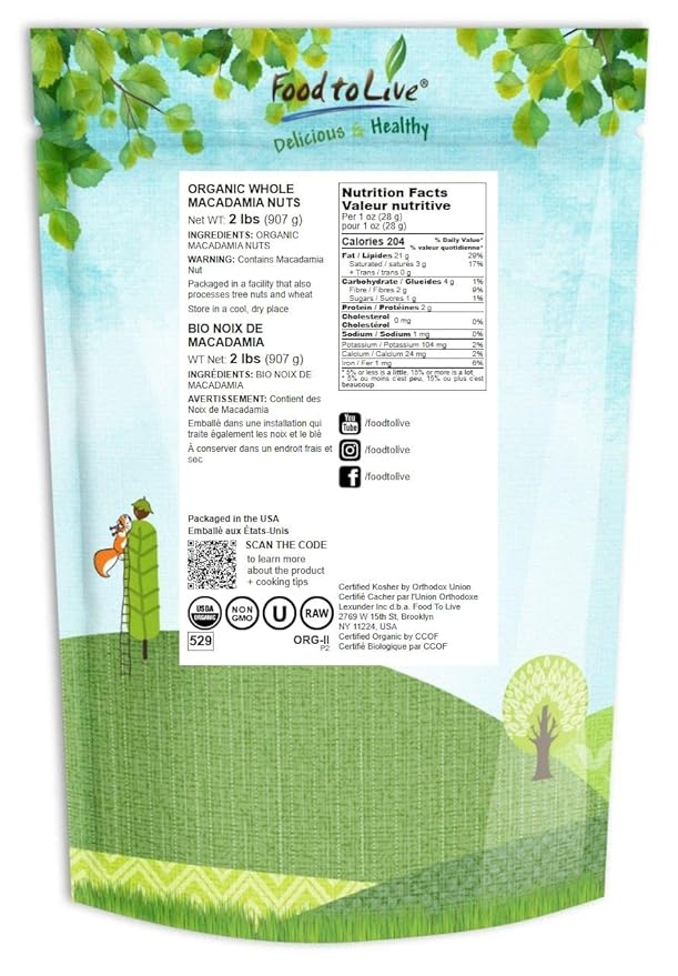 Food to Live Organic Whole Macadamia Nuts 2 Pounds – Non-GMO Raw Shelled Unsalted Kosher Vegan Bulk. Keto Snack. Buttery Flavor. Good Source of Fiber Healthy Fats. Perfect for Desserts.