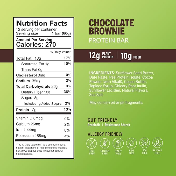 Amrita Nut Free Chocolate Brownie Vegan Protein Bars (12 Count) | 12g Plant-Based Protein Bar | Peanut Free Gluten Free and Dairy Free | Low Sugar High Fiber Healthy School-Safe Snacks
